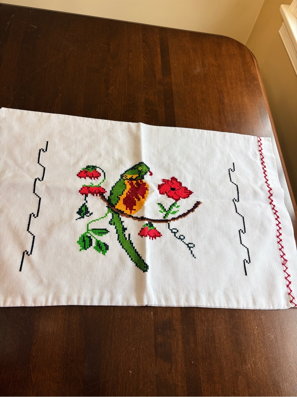 Embroidered Bird and Floral Table Runner - White with Red & Green